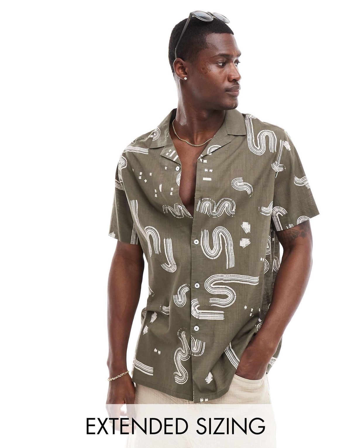 Men's Casual Cotton Shirt with Abstract Print – Olive Green Short Sleeve