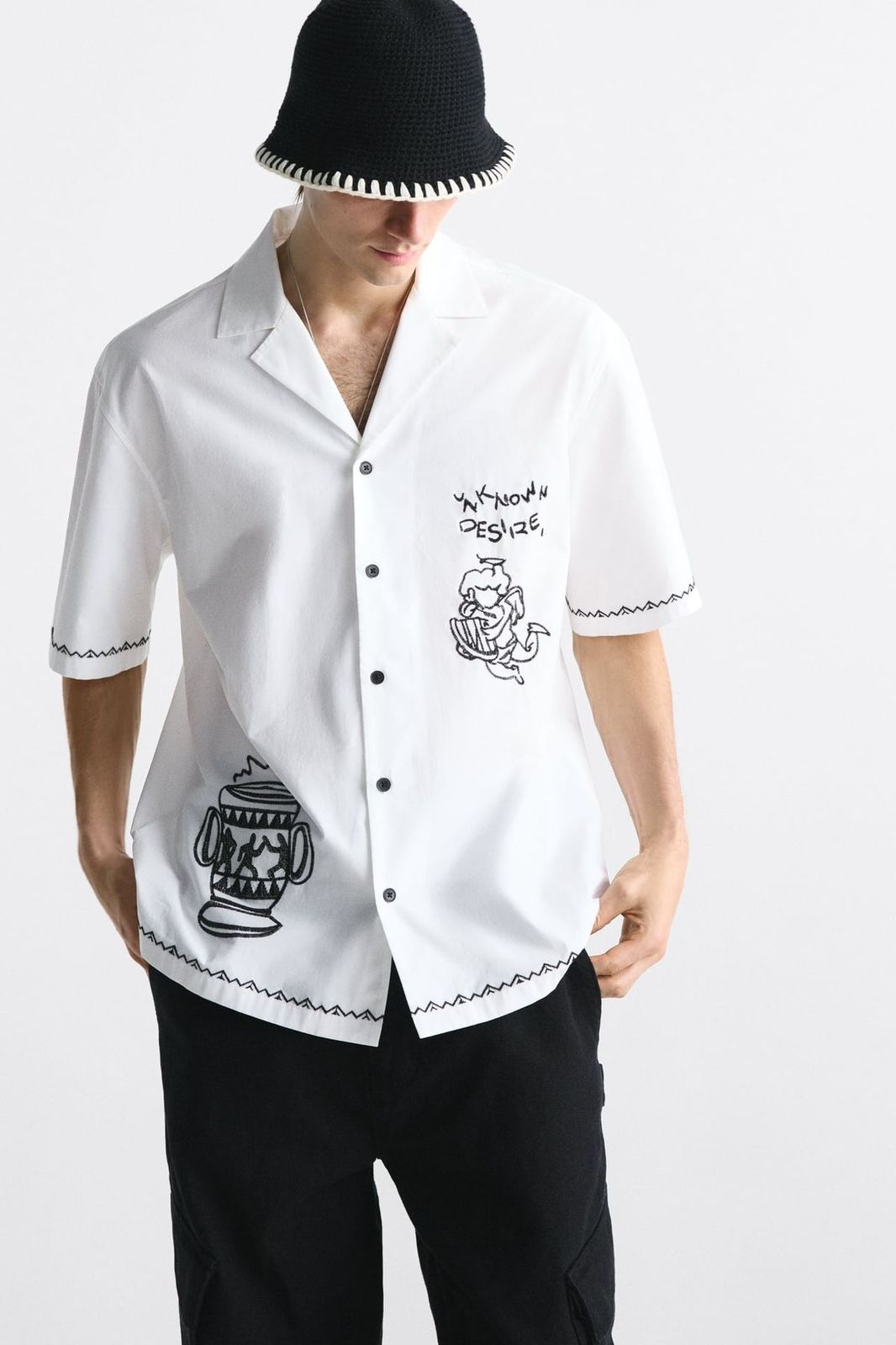 Men's Casual Cotton Shirt with Artistic Embroidery – White Short Sleeve Button-Up