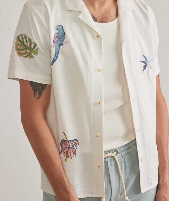 Men's Casual Cotton Shirt – White Short Sleeve with Tropical Embroidered Accents