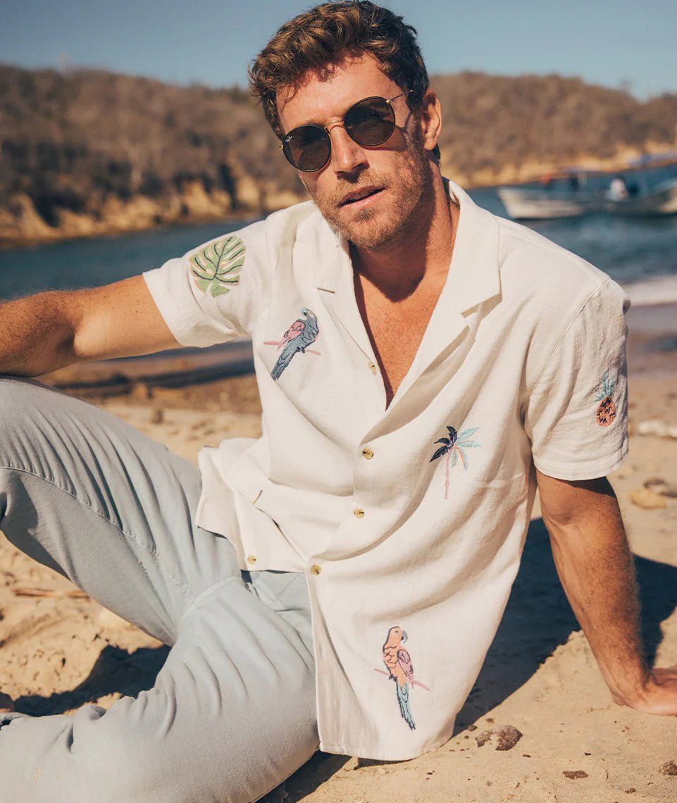 Men's Casual Cotton Shirt – White Short Sleeve with Tropical Embroidered Accents