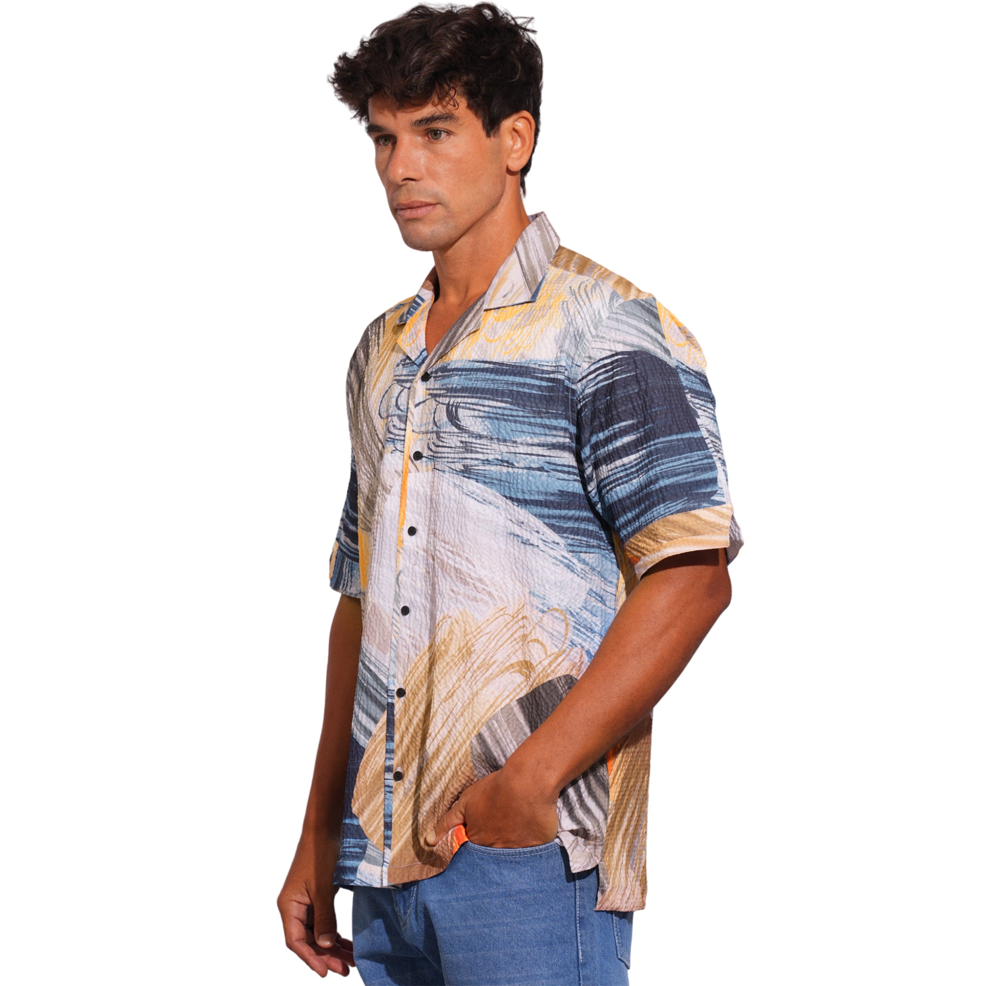 ABSTRACT MULTI DIGITAL PRINT CUBAN COLLAR SHIRT