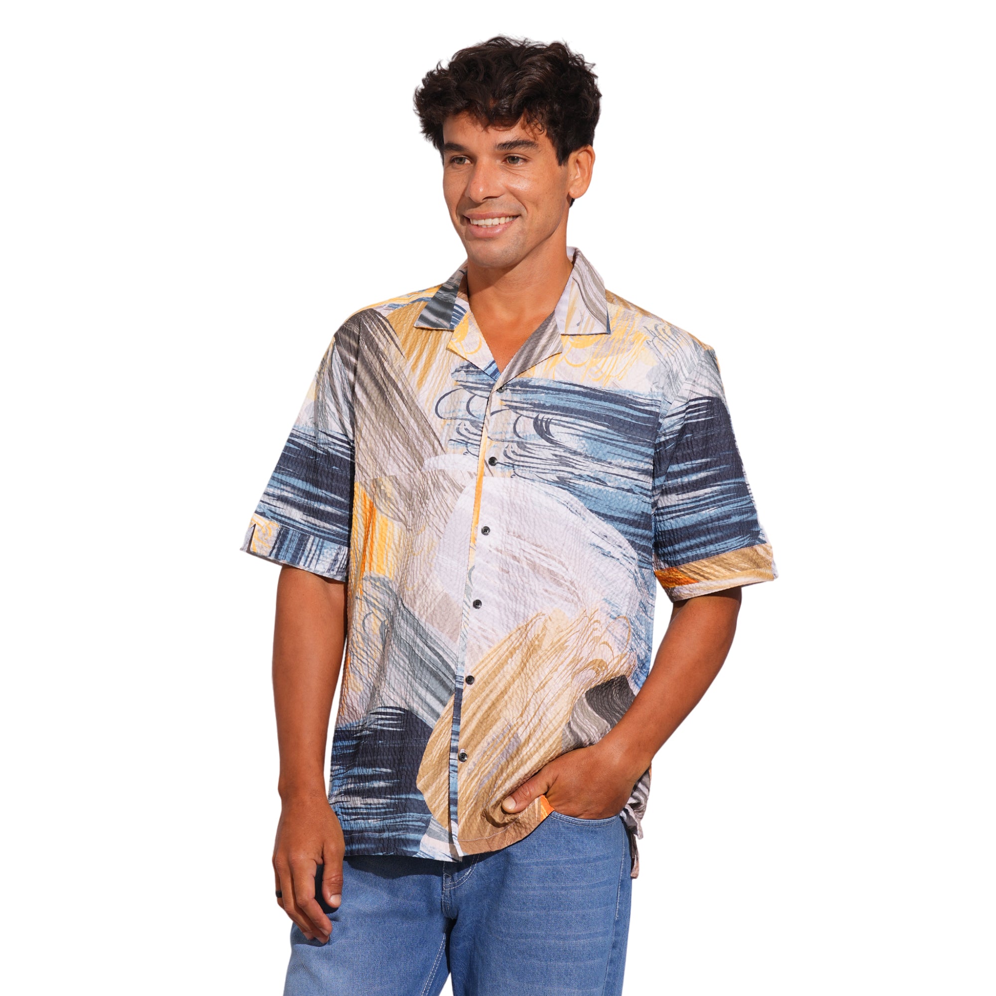 ABSTRACT MULTI DIGITAL PRINT CUBAN COLLAR SHIRT