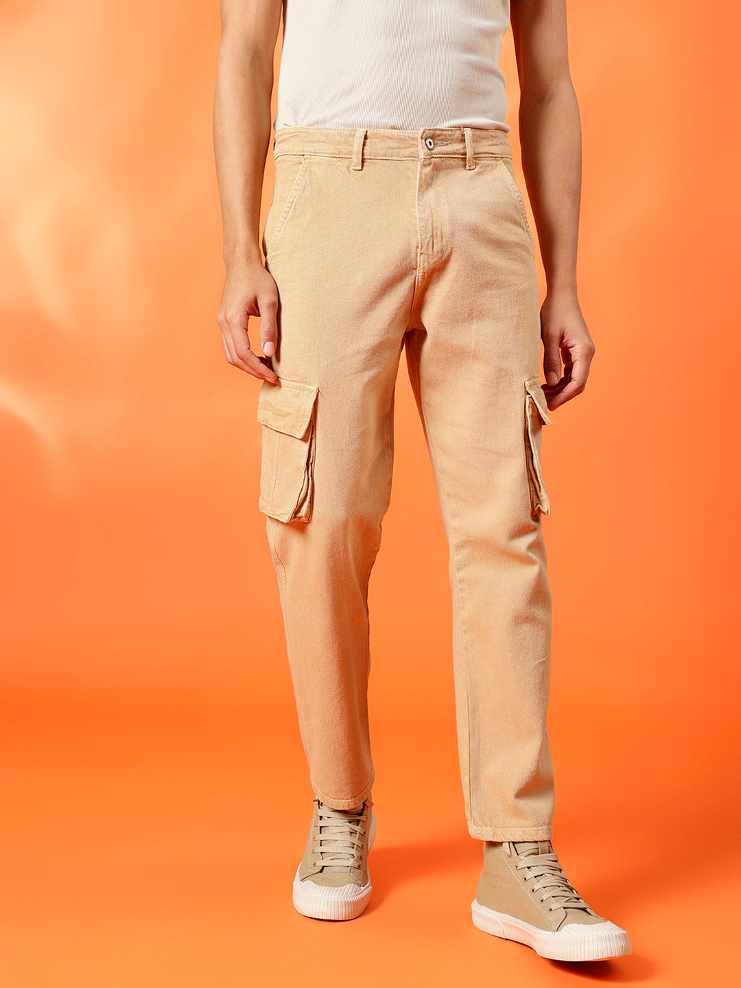 BWOLVES Men's Clean Look Cotton Cargo Jeans: Effortless Style in Coloured Shade Beige