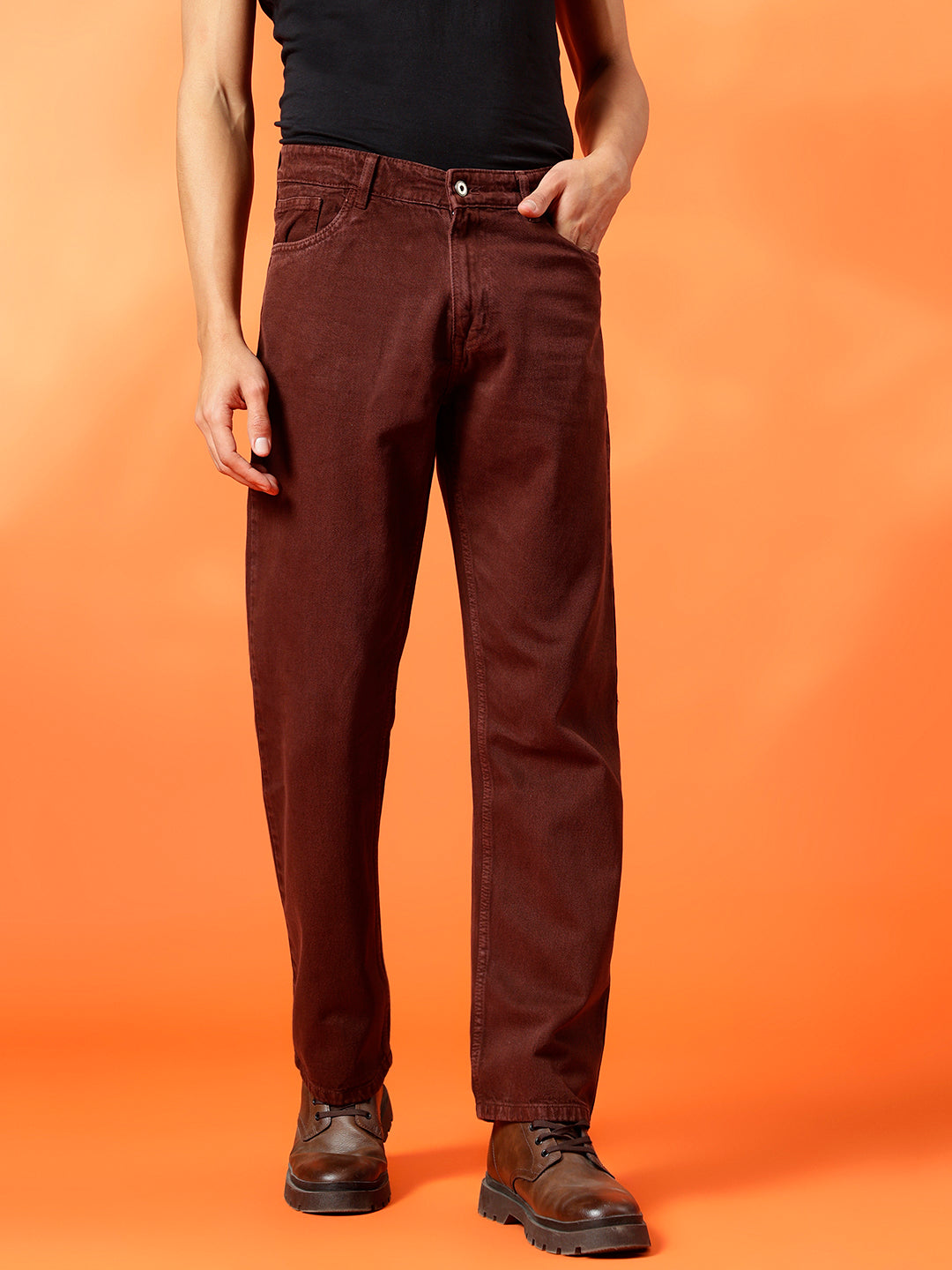 BWOLVES Men's Clean Look Cotton Jeans: Effortless Style in Coloured Shade Rust