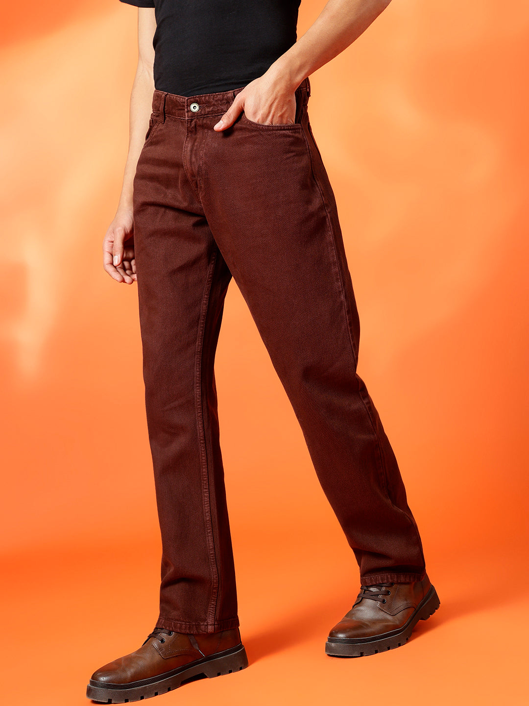 BWOLVES Men's Clean Look Cotton Jeans: Effortless Style in Coloured Shade Rust