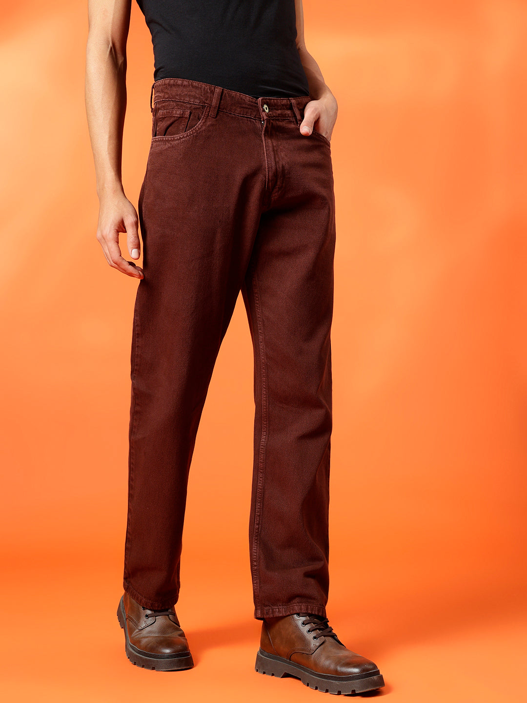 BWOLVES Men's Clean Look Cotton Jeans: Effortless Style in Coloured Shade Rust