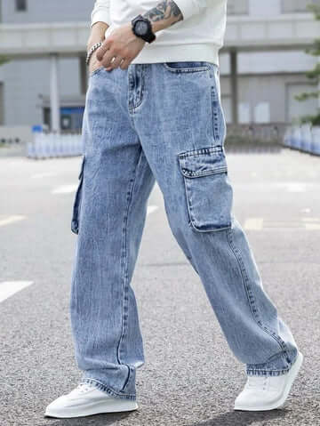 Blue Men's Baggy Cargo Jeans with Side Pockets