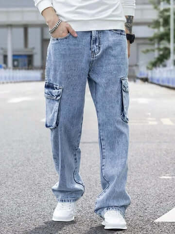 Blue Men's Baggy Cargo Jeans with Side Pockets