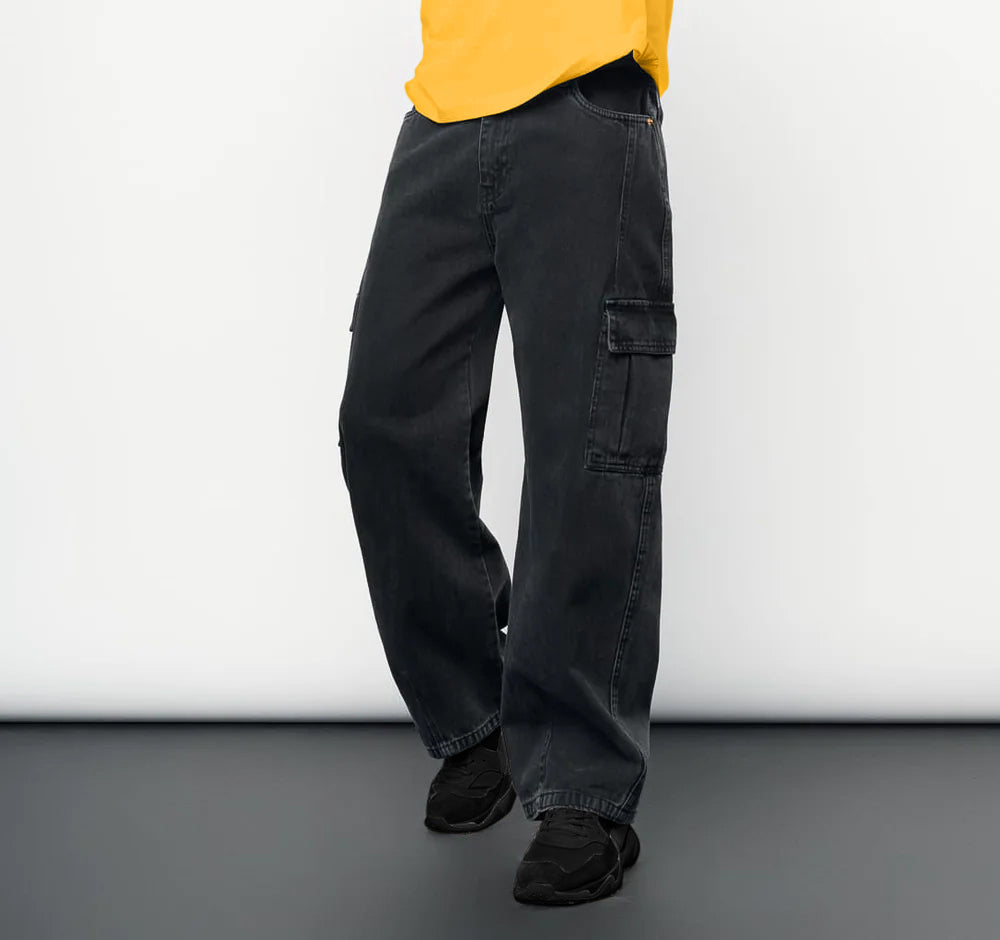 Urban Utility: Men's Charcoal Black Cargo Pants in Cotton Jeans