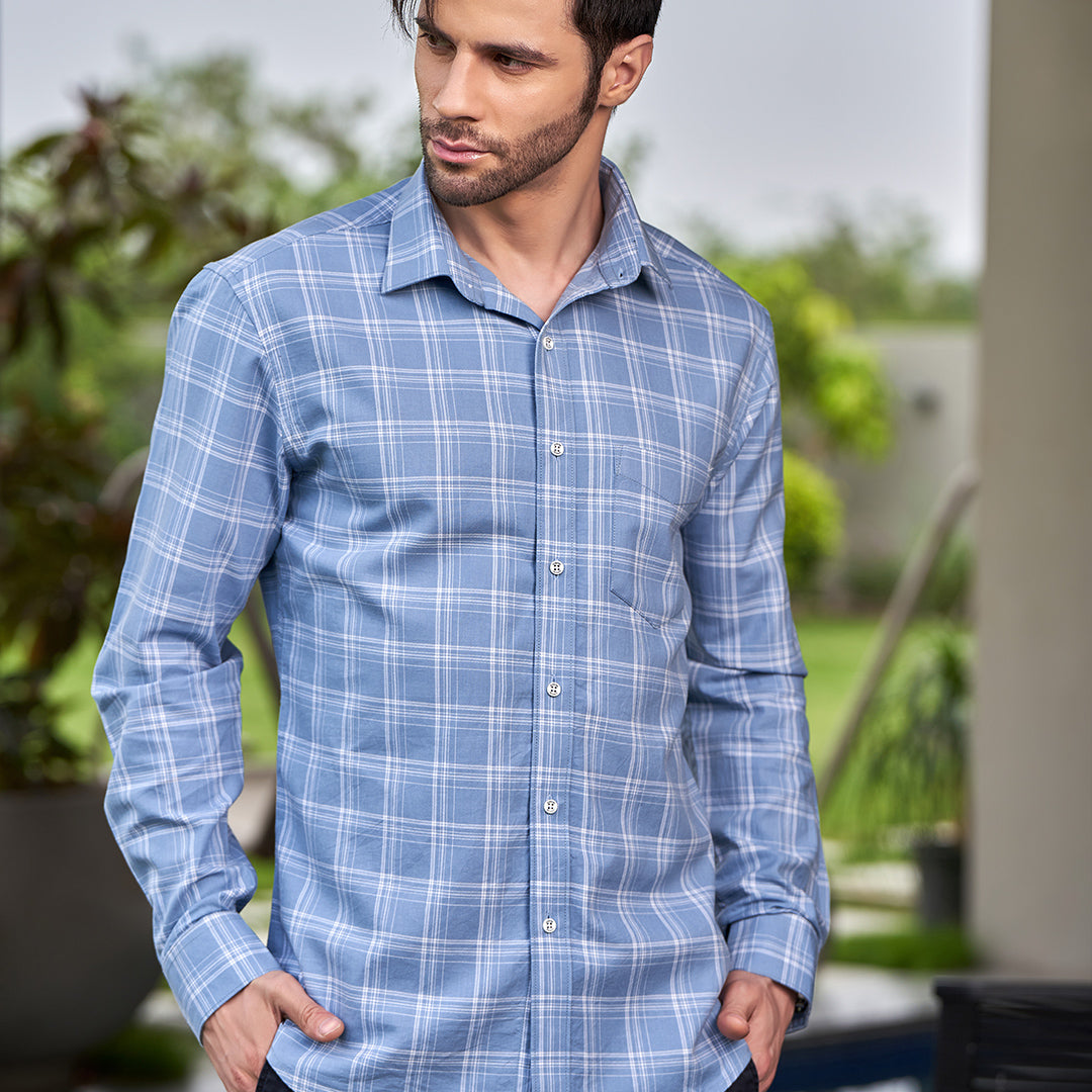 Blue And Off-White Checked Formal Cotton Shirt
