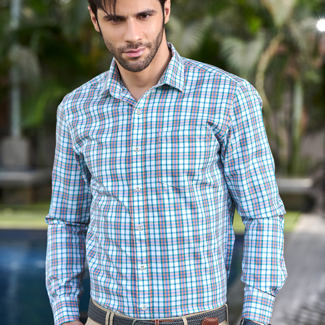 White And Blue Checked Cotton Shirt With Cutaway Collar
