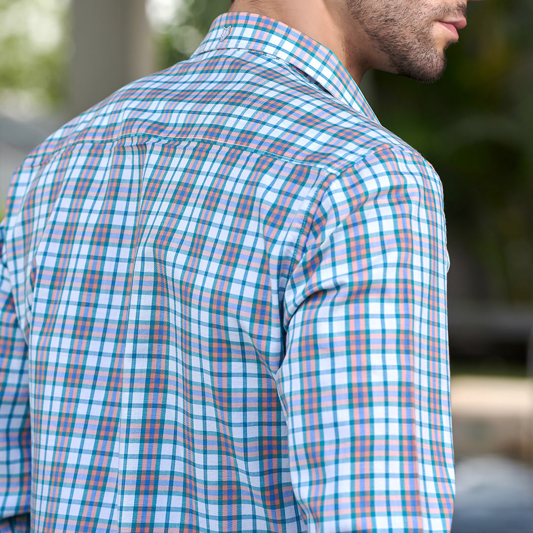 White And Blue Checked Cotton Shirt With Cutaway Collar