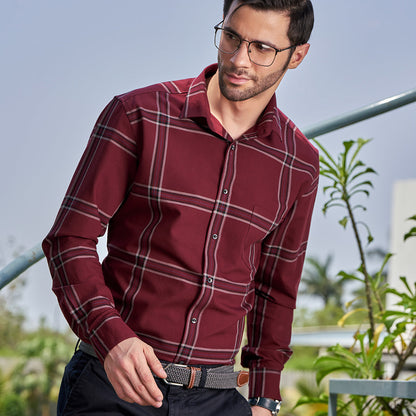 Wine Red Cotton Shirt With Broad Black Check