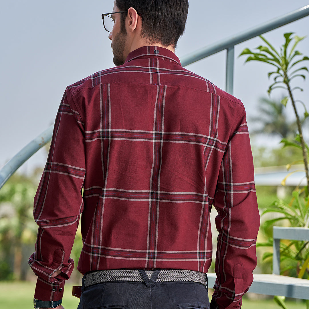 Wine Red Cotton Shirt With Broad Black Check