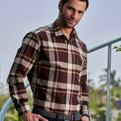 Maroon&amp; Biege Checked Casual Shirt, Spread Collar
