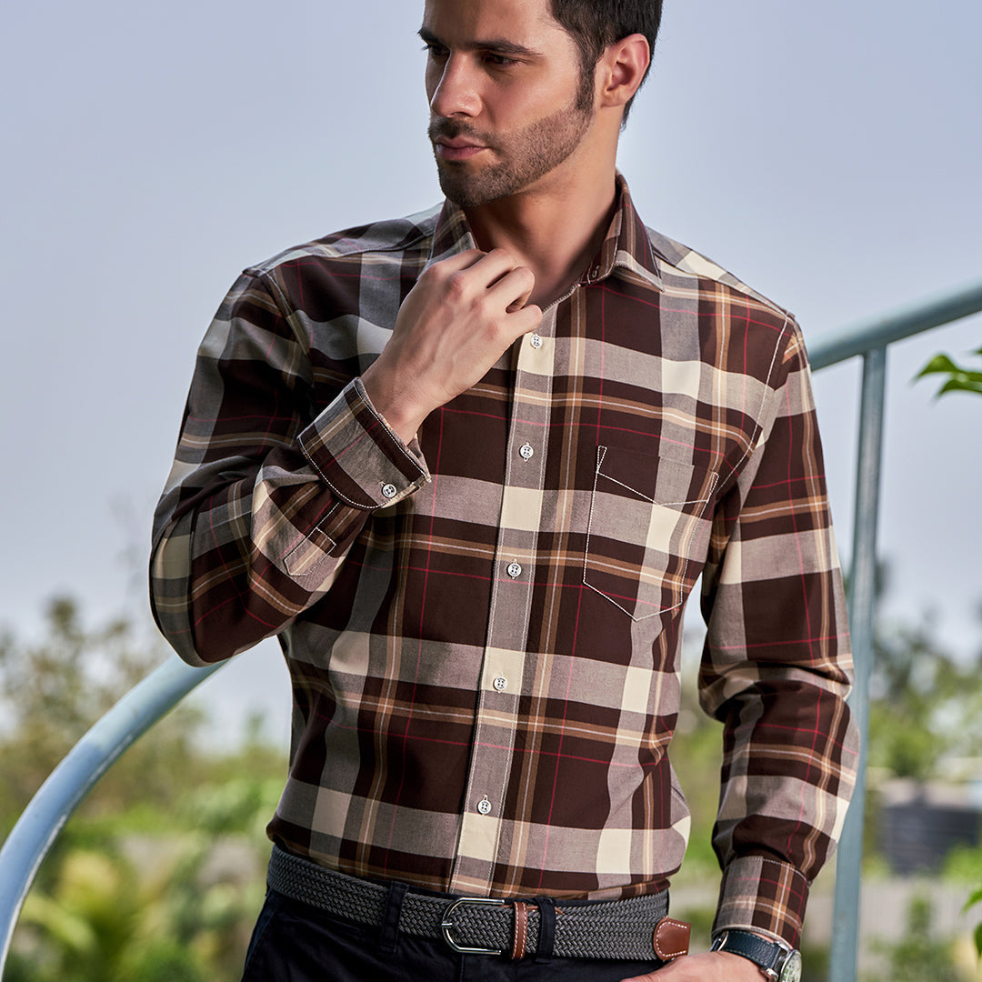 Maroon&amp; Biege Checked Casual Shirt, Spread Collar