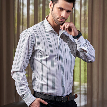 White Cotton Shirt With Vertical Gray Stripes, Semi Spread Collar