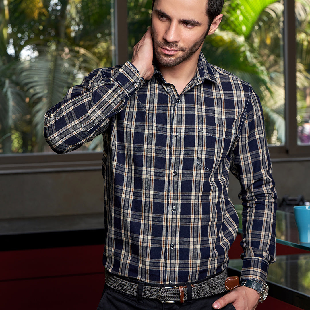 Navy Blue And Gray Checked Casual Shirt