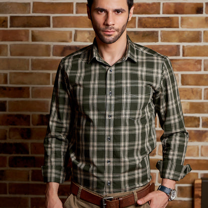 Olive Green And Gray Checked Casual Shirt