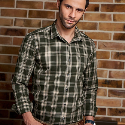 Olive Green And Gray Checked Casual Shirt