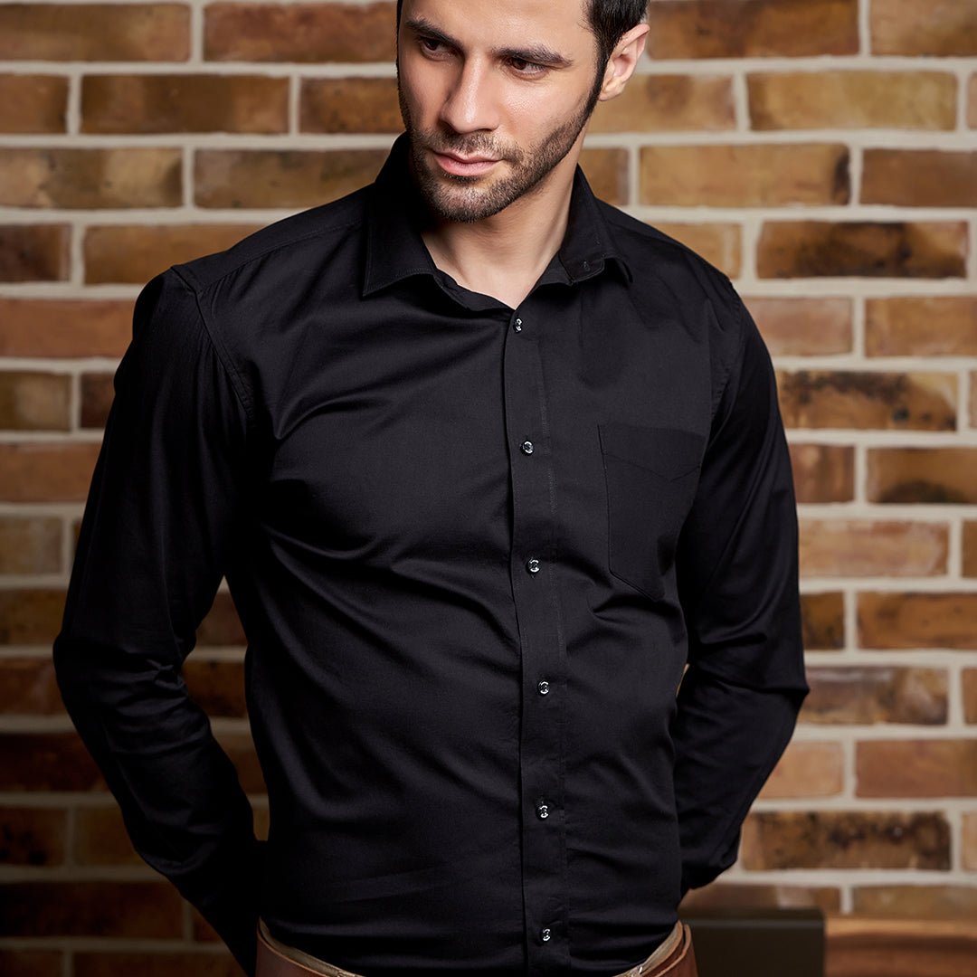 Black Cotton Shirt, Spread Collar