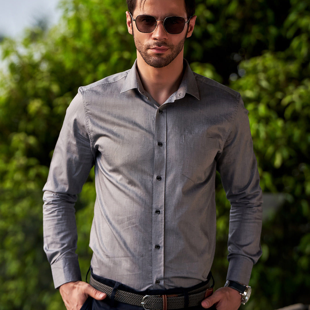 Men Charcoal Gray Self Design Formal Shirt.