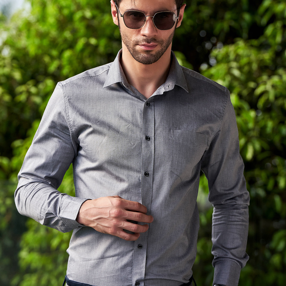 Men Charcoal Gray Self Design Formal Shirt.