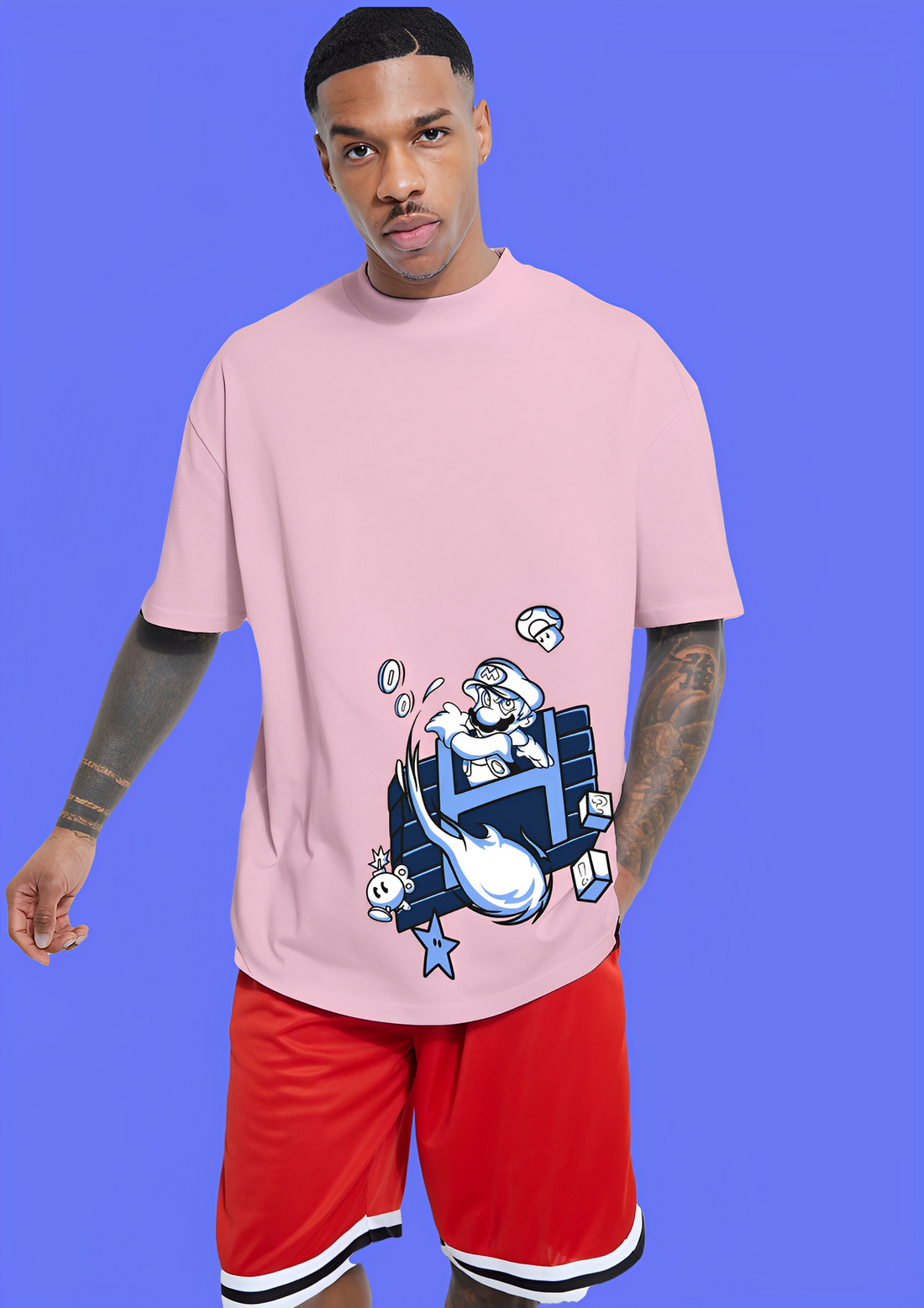 Mario Pink Oversize Drop-Shoulder Tee: Add a Pop of Color to Your Style with Bwolves