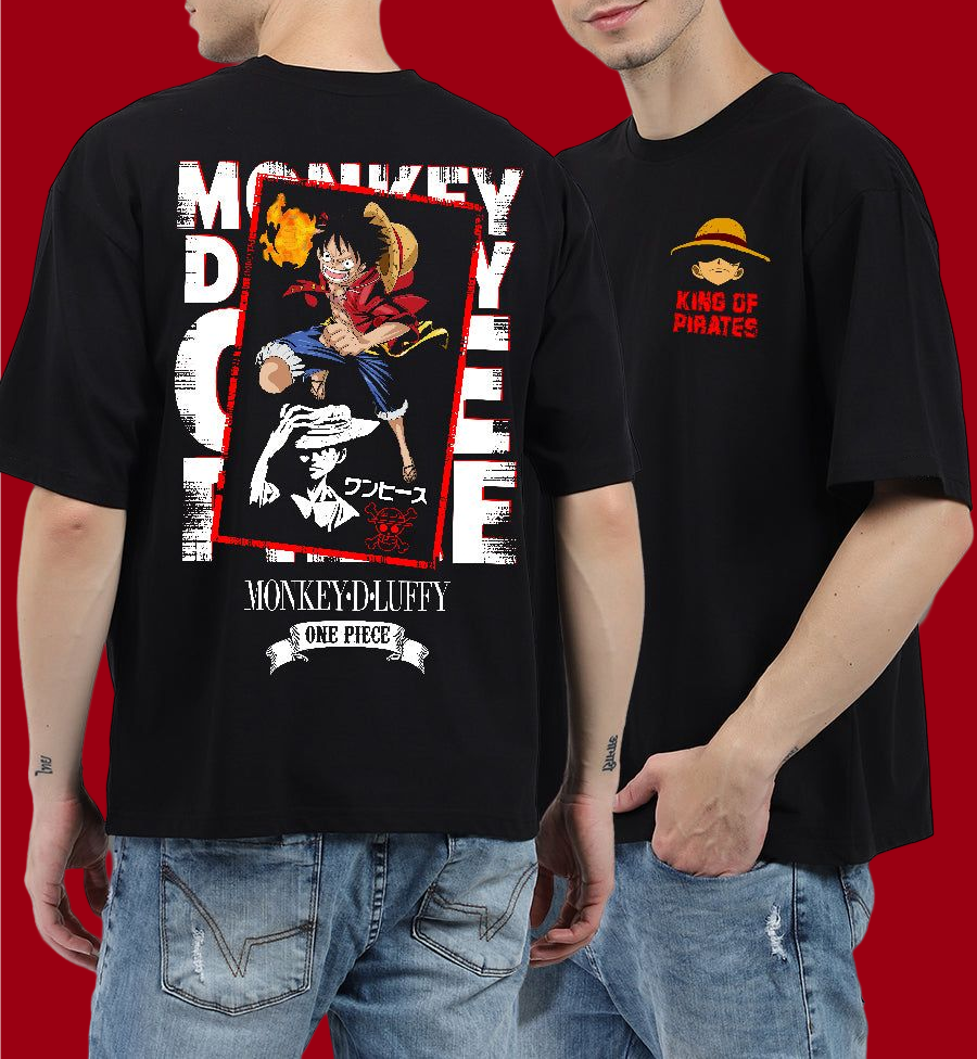 Bwolves: Pirate King Aspirations - Monkey D. Luffy One Piece Men's Black Cotton Oversized Printed T-Shirt