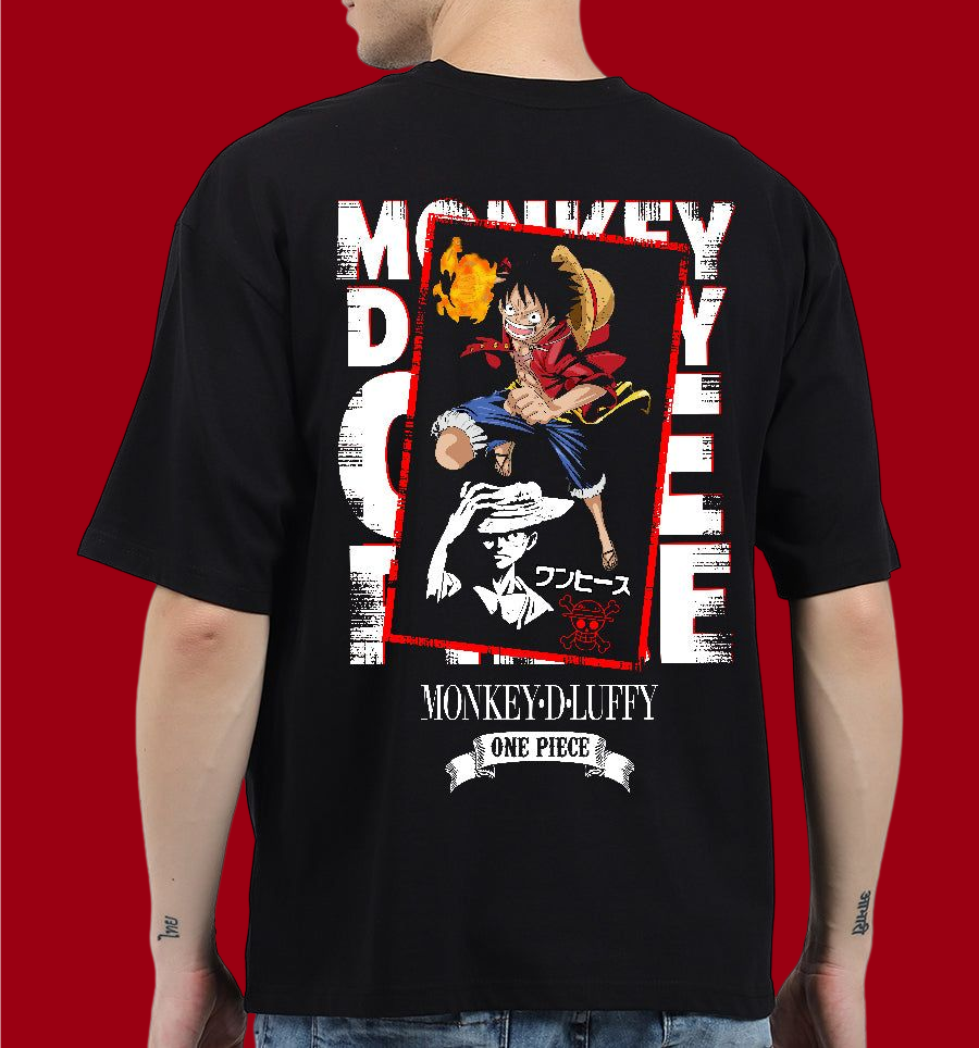 Bwolves: Pirate King Aspirations - Monkey D. Luffy One Piece Men's Black Cotton Oversized Printed T-Shirt