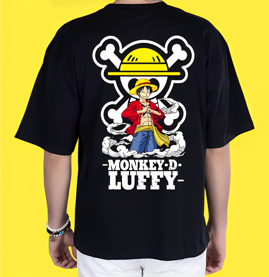 Captain's Charm: Monkey-D Luffy Men's Black Cotton Oversized Printed T-Shirt