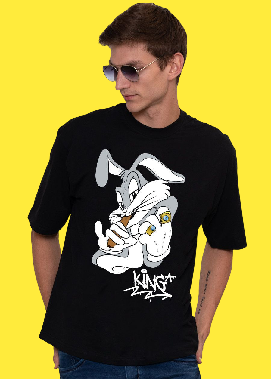 Hopping with Style: Bunny Print Cotton Black Men's Oversized T-Shirt - Bwolves