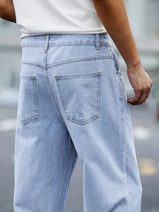 Upgrade Your Style With Slate Blue Baggy Fit Rigid Jeans - Bwolves ...