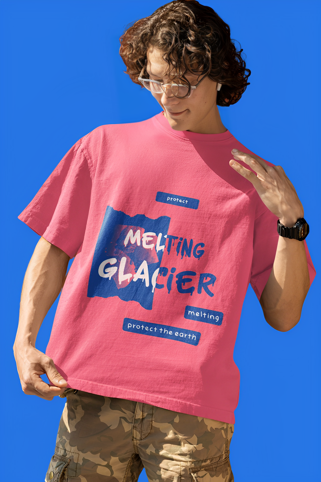 Eco Warrior: Dark Pink Oversized Tee with 'Melting Glacier Protect Earth'