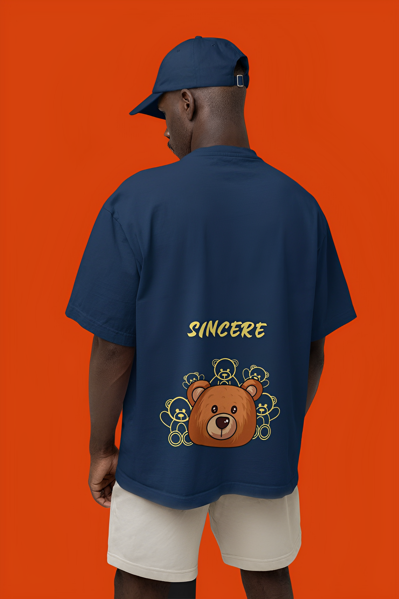 Dark Blue Cotton Oversize Tees Graphic "Sincere Bear"