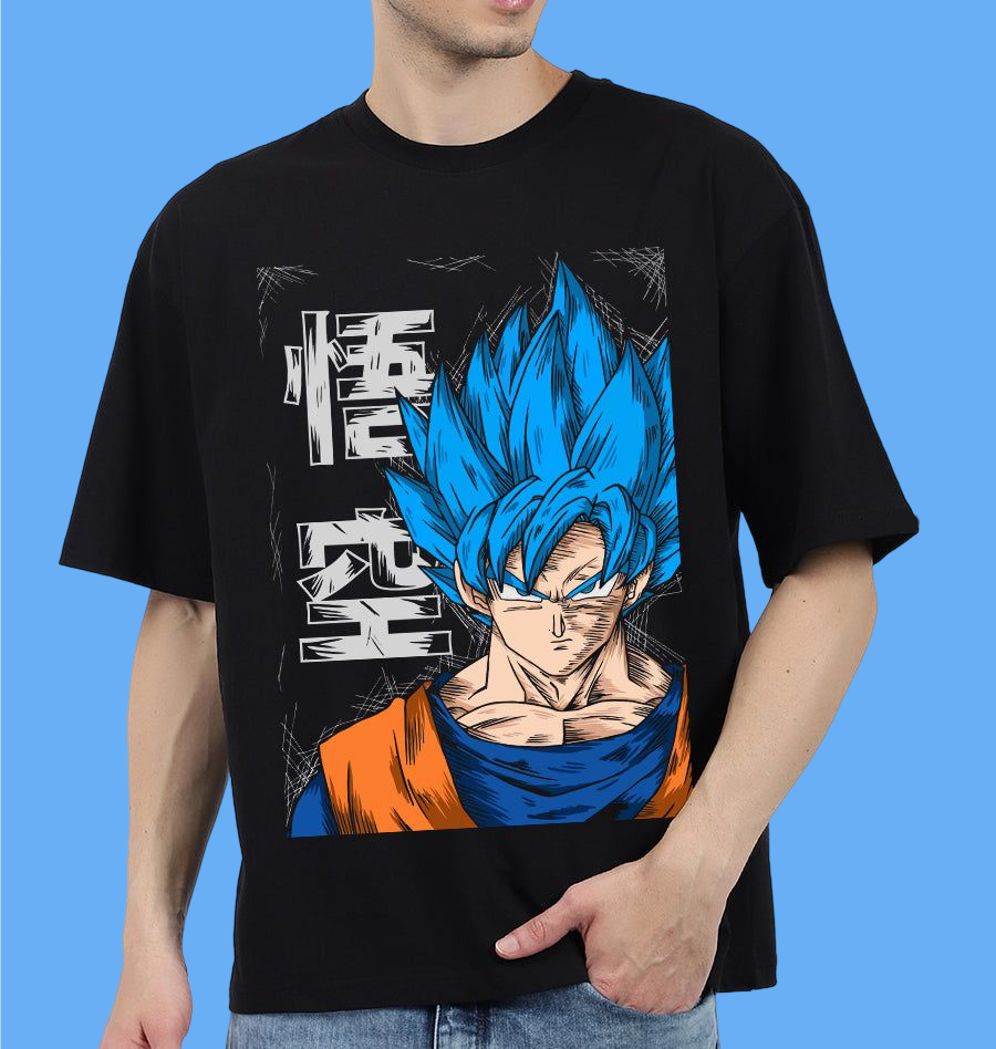 Bwolves: Warrior Spirit - Goku Front Print Men's Cotton Black Oversized T-Shirt